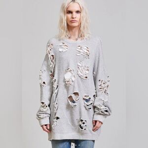 R13 Super Distressed Grey Oversized Sweatshirt in a size Large